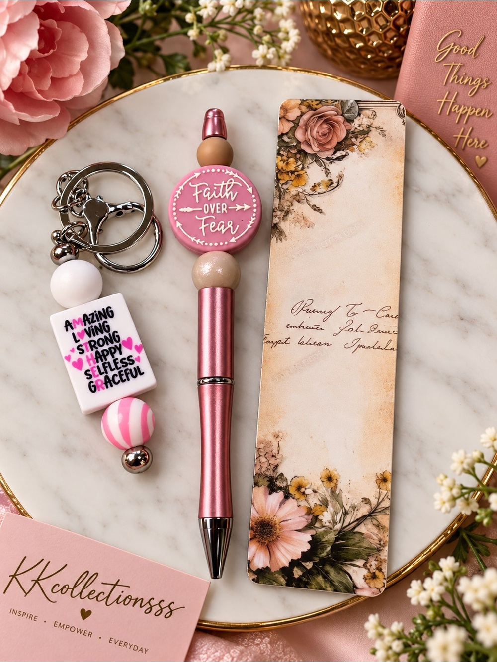 Pink 'Faith Over Fear' Beaded Pen & Keychain Set